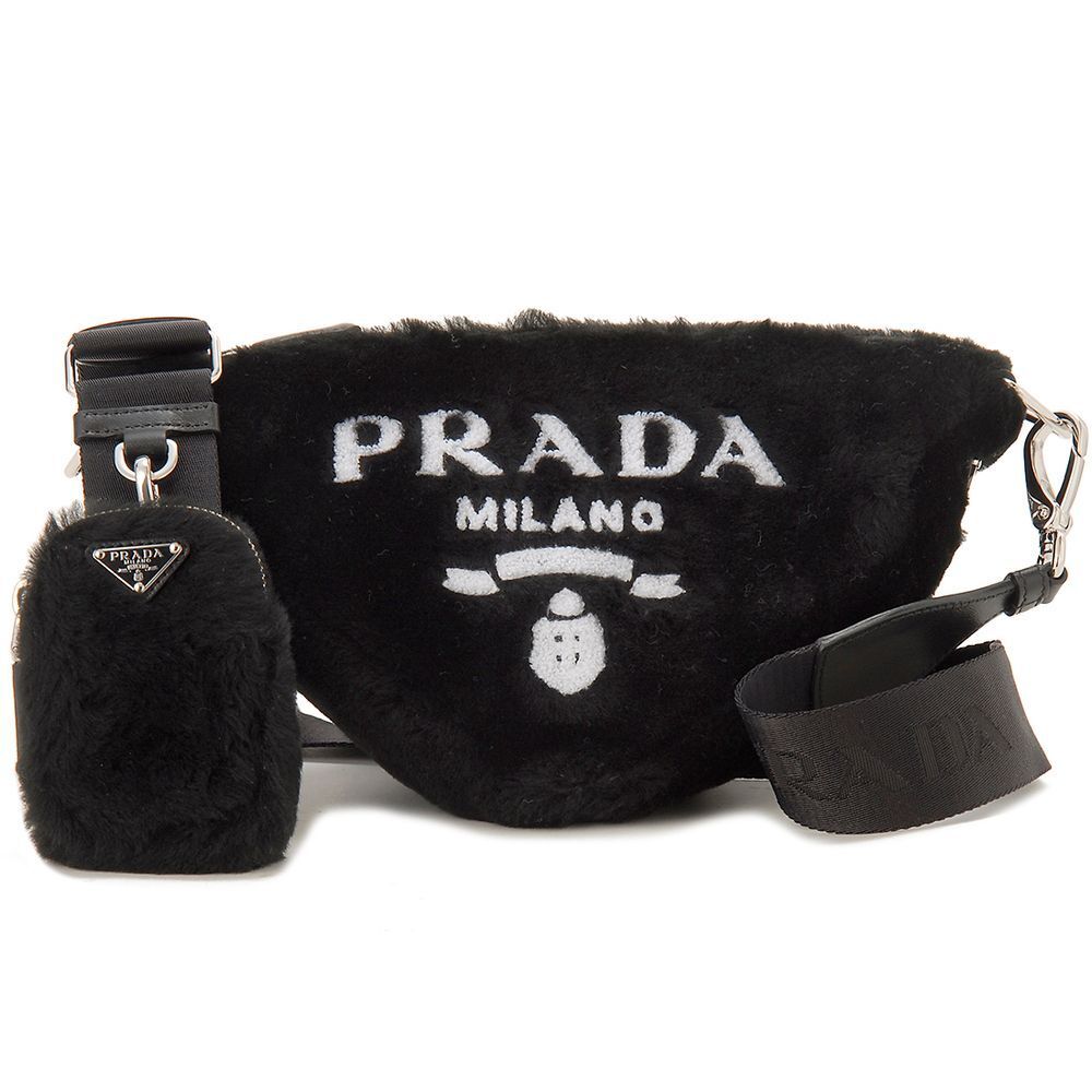 Prada Shoulder Bag Triangle Bag Fur Black White